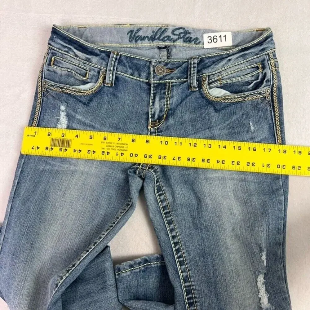 Vanilla Star Jeans Womens 7 Blue Denim Bootcut Embroidered Detail Distressed